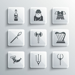 Set Neptune Trident, Harp, Medieval axe, Hunting horn, spear, Bottle of wine and Body armor icon. Vector