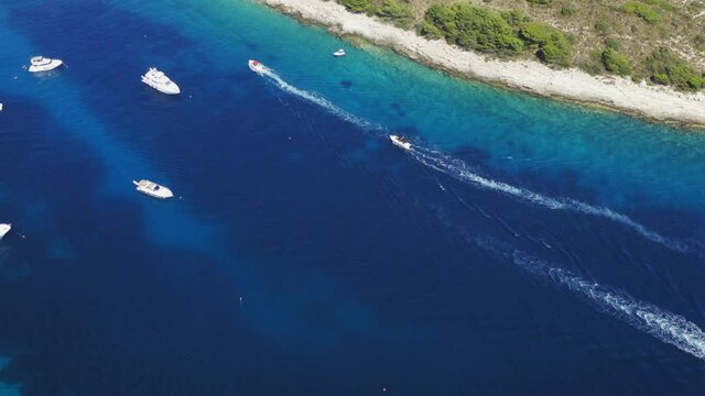 Aerial view of the bay with boats, Paklinski otoci islands in Hvar, Adriatic Sea in Croatia