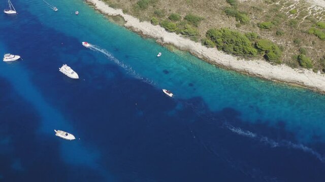 Aerial view of the bay with boats, Paklinski otoci islands in Hvar, Adriatic Sea in Croatia