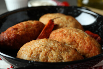 Concept of tasty food with cutlets, close up