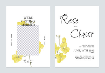 Minimalist floral wedding invitation card template golden shower flowers on white