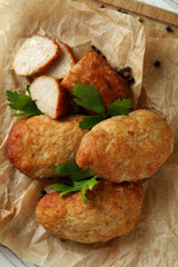 Concept of tasty food with cutlets, close up