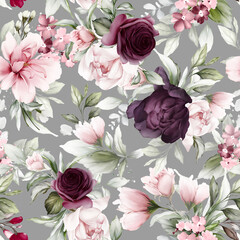 Seamless watercolor pattern with purple roses and peonies in a watercolor style.