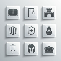 Set Medieval iron helmet, King crown, Castle tower, Shield, flag, Antique treasure chest and Castle, fortress icon. Vector