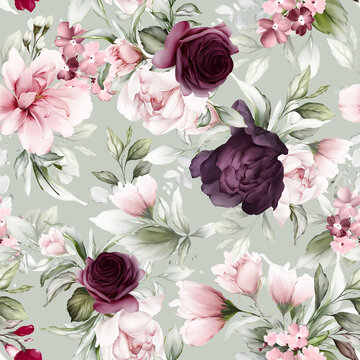 Seamless watercolor pattern with purple roses and peonies in a watercolor style.