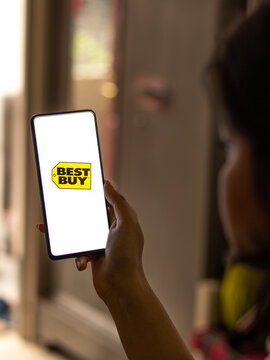 Assam, india - May 18, 2021 : Best Buy logo on phone screen stock image.