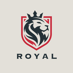 Royal lion shield logo icon. Premium king animal head badge vector illustration.