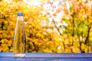 A bottle of drinking water stands on a background of yellow autumn leaves