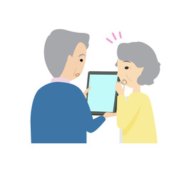 Fototapeta premium スマホで情報をチェックしている高齢夫婦 