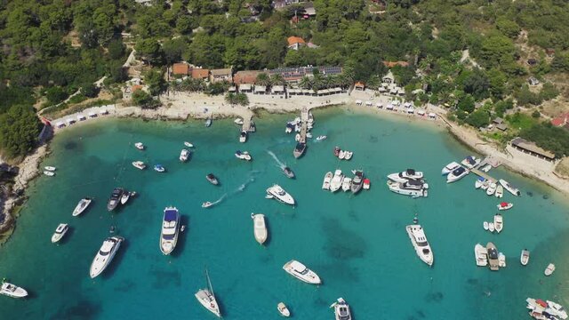 Aerial view of the bay with boats, Paklinski otoci islands in Hvar, Adriatic Sea in Croatia