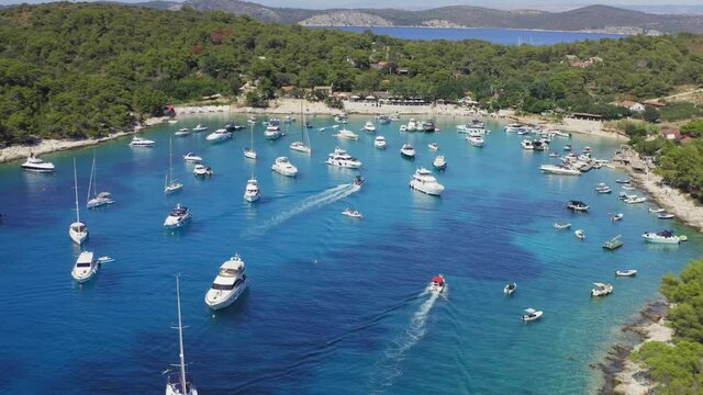 Aerial view of the bay with boats, Paklinski otoci islands in Hvar, Adriatic Sea in Croatia