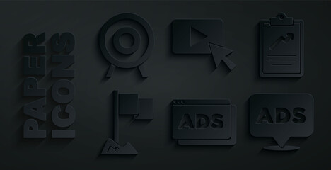 Set Advertising, Clipboard with graph chart, Location marker, and Target sport icon. Vector