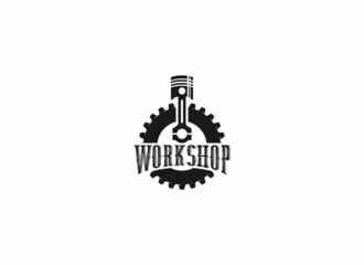 logo for motorized vehicle repair shop with piston and gear illustration