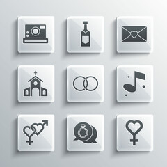 Set Diamond engagement ring, Female gender symbol, Music note, Wedding rings, Gender, Church building, Photo camera and Envelope with Valentine heart icon. Vector