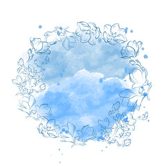 Elegant outline sketching of magnolia flowers, vector illustration, seamless pattern