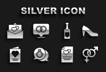Set Diamond engagement ring, Woman shoe, Gender, Greeting card, Champagne bottle, and Wedding rings icon. Vector