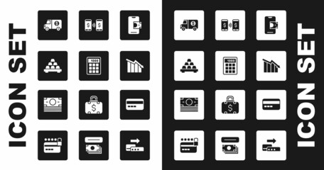 Set Mobile banking, Calculator, Gold bars, Armored truck, Financial growth decrease, Money payment transfer, Credit card and Stacks paper money cash icon. Vector