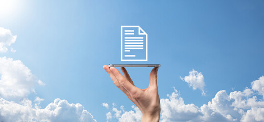 Male hand holding a document icon on blue background. Document Management Data System Business...