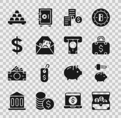 Set Treasure chest, Piggy bank and hammer, Briefcase money, Paper or financial check, Envelope with dollar symbol, Dollar, Gold bars and ATM icon. Vector