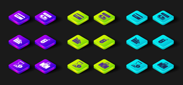 Set Hourglass with dollar, Briefcase and money, Financial growth decrease, Price tag, ATM and Credit card icon. Vector