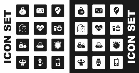 Set Location gym, Heart rate, Shower head, Kettlebell, Sports nutrition, Fitness club, card, Stopwatch and icon. Vector
