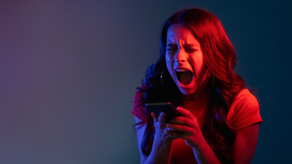 cyberbullying banner online harassment woman neon