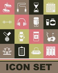 Set Locker or changing room, Stationary bicycle, Sports nutrition, Old hourglass, Headphones, Barbell, sneakers and Boxing glove icon. Vector
