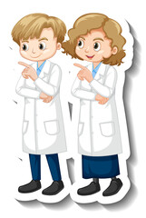 Fototapeta premium Cartoon character sticker with children in science gown