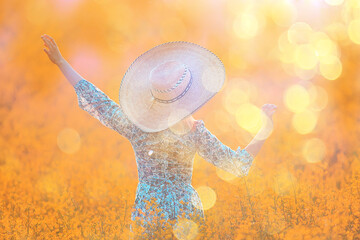 summer girl in a sunny field with flowers, warm happy sunset in nature