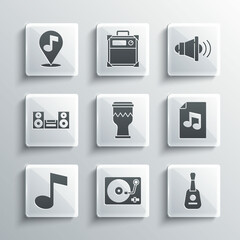 Set Vinyl player with vinyl disk, Guitar, Music book note, Drum, tone, Home stereo, Location musical and Speaker volume icon. Vector