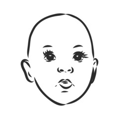 Face of little girl, Hand drawn illustration isolated black lines on white, Vector sketch