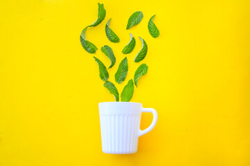 The white cup is isolated on a yellow background. Green mint leaves fall into the mug. Useful medicinal tea. Free space. Pattern