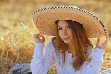girl field straw hat summer look, freedom field happiness portrait young woman