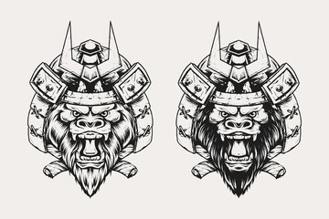 set of gorilla head with samurai kabuto helmetvector illustration in vintage monochrome style © Baroeki Studio