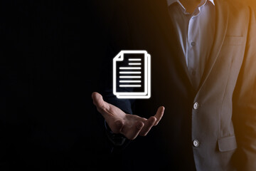 Businessman man holding a document icon in his hand Document Management Data System Business...