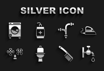 Set Toilet bowl, Electric iron, Water tap, Hairbrush, Industry metallic pipe, Washer and Hand sanitizer bottle icon. Vector