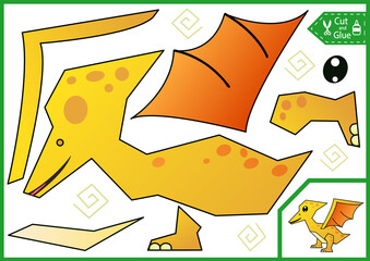 !!!!!!!!!!!!!!!!!!!!!!!!!!!!!!!!!!!!!!!!!!!!!!!!!!!!!!!! Kids craft game cut and glue paper dinosaur. Simple puzzle with a pterodactyl. Worksheet and activity page for children. Cutout cartoon paper t © Betswork