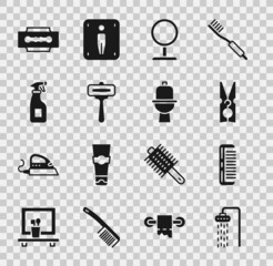Set Shower, Hairbrush, Clothes pin, Round makeup mirror, Shaving razor, Cleaning spray bottle, Blade and Toilet bowl icon. Vector