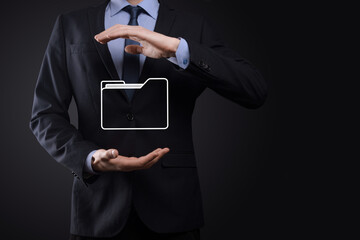 Businessman hold folder icon.Document Management System or DMS setup by IT consultant with modern...