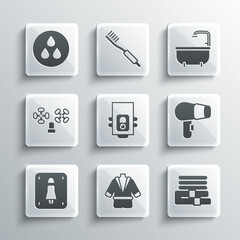 Set Bathrobe, Towel stack, Hair dryer, Gas boiler, Female toilet, Water tap, drop and Bathtub icon. Vector