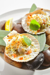 Baked Scallop in Scallops Shell with Spices Isolated