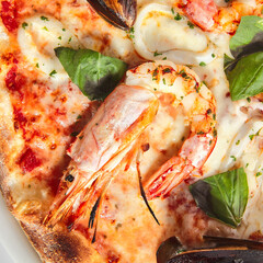 Italian Seafood Pizza with Squid, Mussels and Shrimps