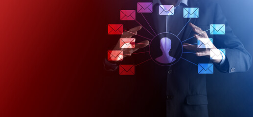 Male hand holding letter icon,email icons .Contact us by newsletter email and protect your personal...