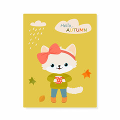 Greeting card Hello, Autumn. Cute white kawaii cat with cup. Cartoon flat style. Vector illustration