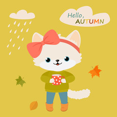 Cute white kawaii cat with cup. Greeting card Hello, Autumn. Cartoon flat style. Vector illustration