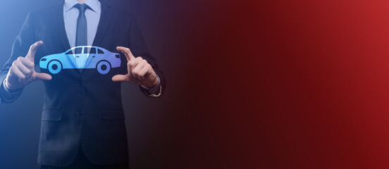 Digital composite of Man holding car icon.Car automobile insurance and car services concept....