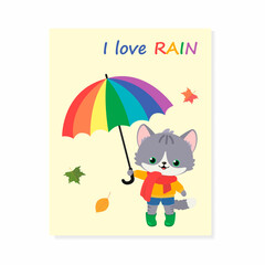 Cute grey kawaii cat with umbrella. Greeting card I love rain. Vector illustration. Cartoon flat style