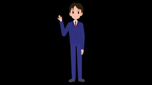 手を振る青いスーツのビジネスマン A business man with blue suit waving hand