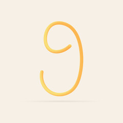 9 number spaghetti design. Vector hand draw realistic food font. Isolated Italian pasta for tasty poster, restaurant identity, gourmet element and more
