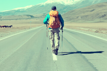 highway adventure backpack man landscape trekking, mountains view freedom